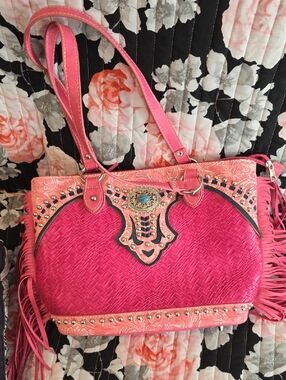 Pink Woven Fringe Shoulder Bag with Turquoise Concho